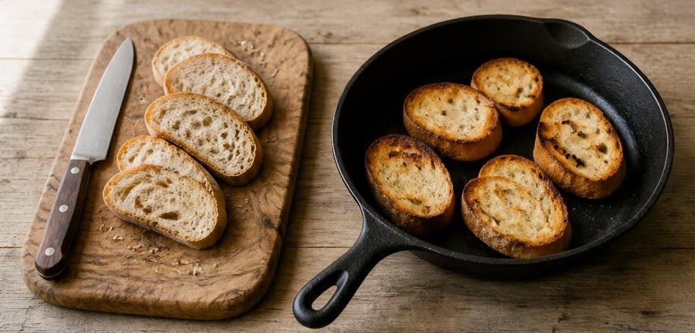 Klassische provenzalische Oliven-Tapenade mit knusprigem Weißbrot – Zubereitung Schritt für Schritt – Weißbrot rösten