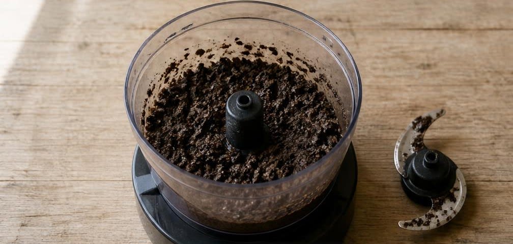 Klassische provenzalische Oliven-Tapenade mit knusprigem Weißbrot – Zubereitung Schritt für Schritt – Tapenade-Basis zerkleinern