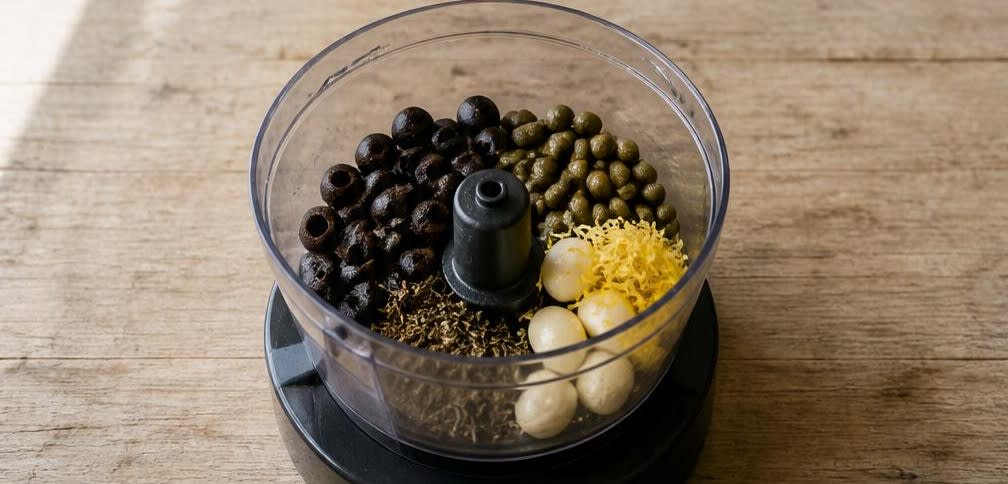 Klassische provenzalische Oliven-Tapenade mit knusprigem Weißbrot – Zubereitung Schritt für Schritt – Tapenade-Basis vorbereiten
