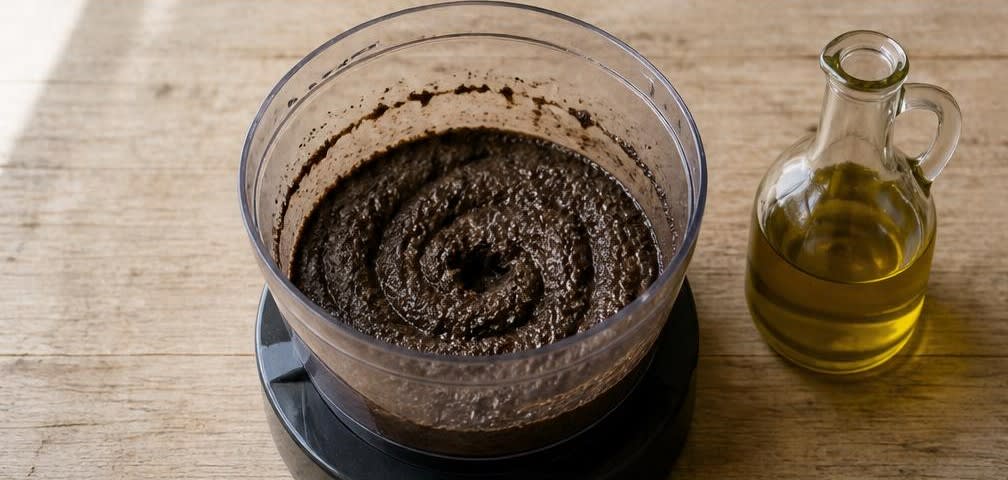 Klassische provenzalische Oliven-Tapenade mit knusprigem Weißbrot – Zubereitung Schritt für Schritt – Tapenade emulgieren
