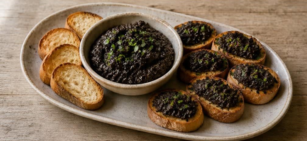Klassische provenzalische Oliven-Tapenade mit knusprigem Weißbrot – Zubereitung Schritt für Schritt – Tapenade abschmecken und anrichten