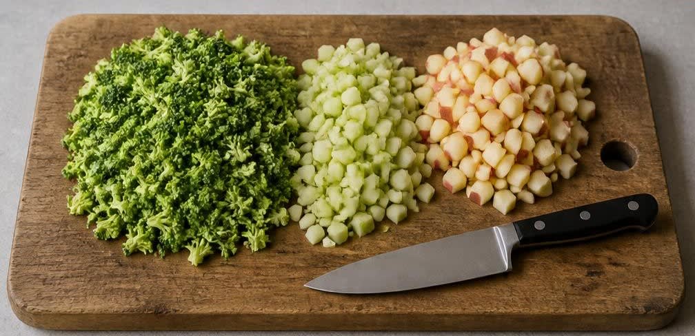 Skandinavischer Rohkost-Brokkolisalat mit Sonnenblumenkernen – Zubereitung Schritt für Schritt – Brokkoli und Apfel zerkleinern