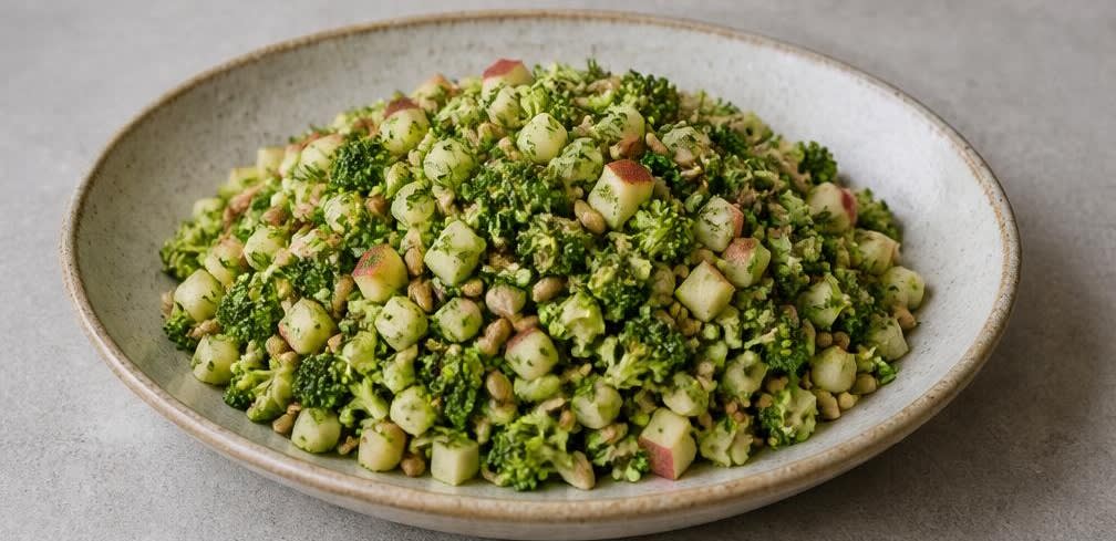 Skandinavischer Rohkost-Brokkolisalat mit Sonnenblumenkernen – Zubereitung Schritt für Schritt – Anrichten