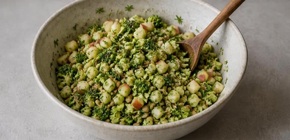 Skandinavischer Rohkost-Brokkolisalat mit Sonnenblumenkernen – Zubereitung Schritt für Schritt – Salat vermengen