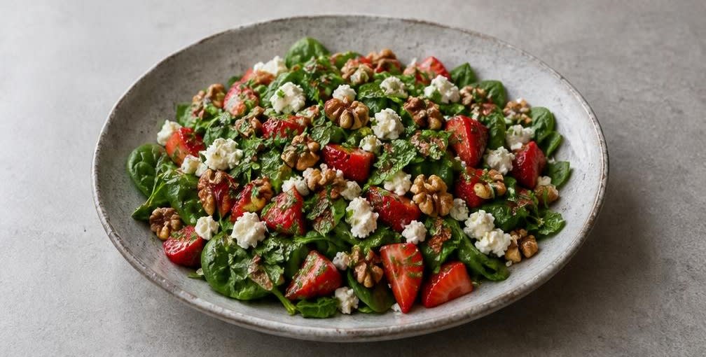 Spinat-Salat mit Erdbeeren und Feta – Zubereitung Schritt für Schritt – Salat vermengen und anrichten