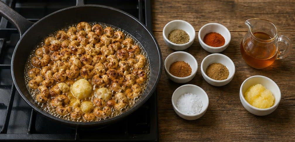 Indisch gewürzte Honig-Karamell-Cashews – Zubereitung Schritt für Schritt – Karamellisieren