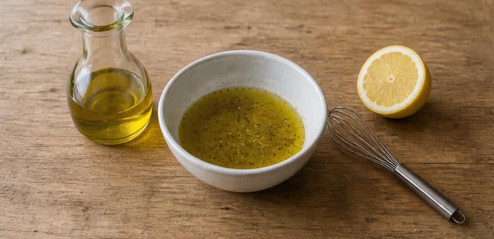 Knackiger Rucola-Salat mit Parmesan und Sonnenblumenkernen – Zubereitung Schritt für Schritt – Vinaigrette herstellen