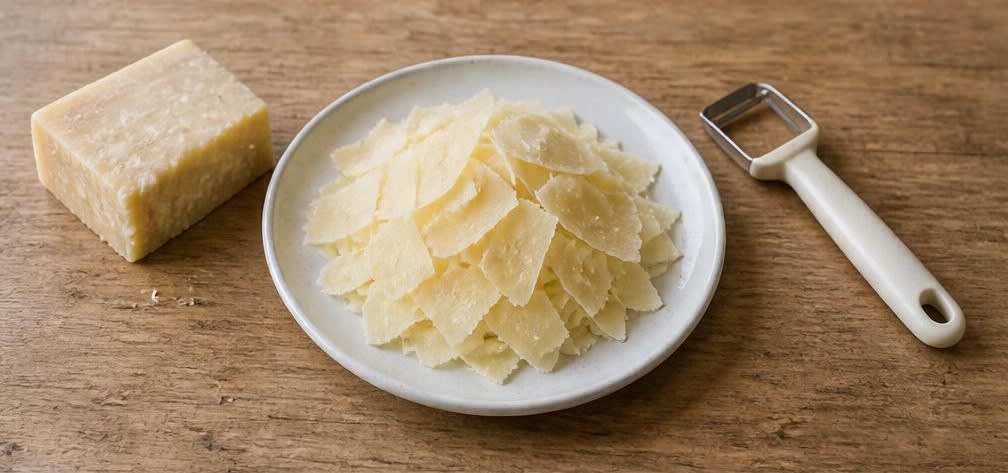 Knackiger Rucola-Salat mit Parmesan und Sonnenblumenkernen – Zubereitung Schritt für Schritt – Parmesan hobeln