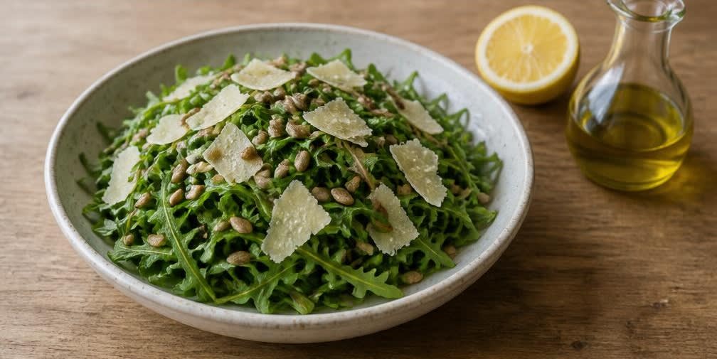 Knackiger Rucola-Salat mit Parmesan und Sonnenblumenkernen – Zubereitung Schritt für Schritt – Salat anrichten