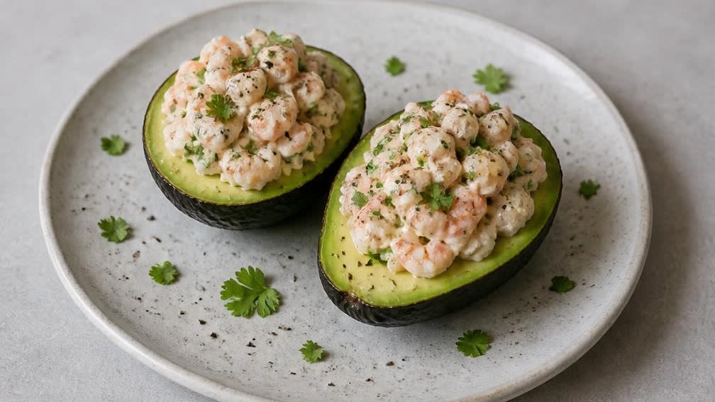 Avocado-Schiffchen mit würzigen Garnelen – Zubereitung Schritt für Schritt – Anrichten