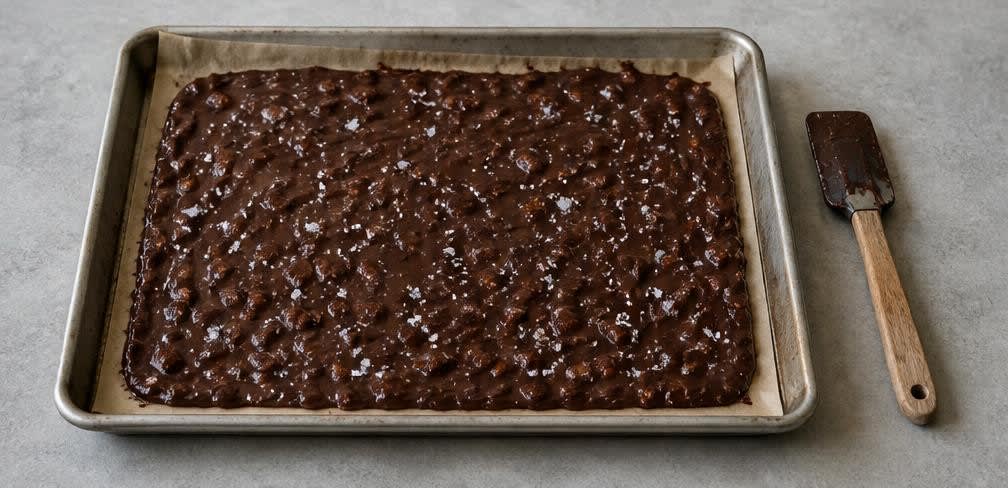 Französische Bruchschokolade mit gerösteten Mandeln und Fleur de Sel – Zubereitung Schritt für Schritt – Fleur de Sel verteilen