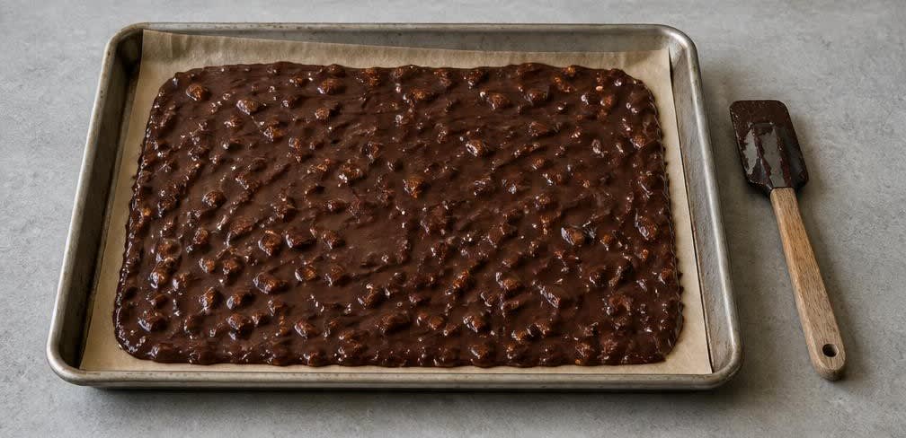 Französische Bruchschokolade mit gerösteten Mandeln und Fleur de Sel – Zubereitung Schritt für Schritt – Mandeln unterheben und ausstreichen