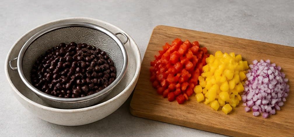 Mexikanischer Bohnensalat mit Paprika und Zitronen-Dressing – Zubereitung Schritt für Schritt – Bohnen abspülen, Gemüse schneiden