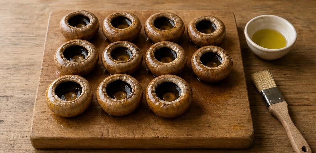 Spanisch gefüllte Champignons aus dem Ofen – Zubereitung Schritt für Schritt – Pilze einölen