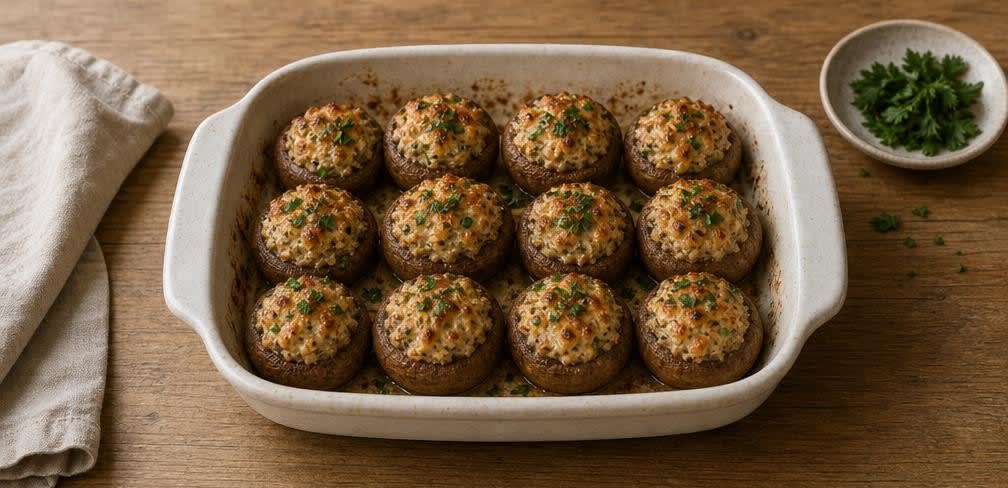 Spanisch gefüllte Champignons aus dem Ofen – Zubereitung Schritt für Schritt – Anrichten