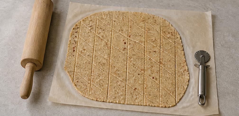 Asiatische Sesam-Cracker mit Zitrone – Zubereitung Schritt für Schritt – Teig ausrollen und schneiden