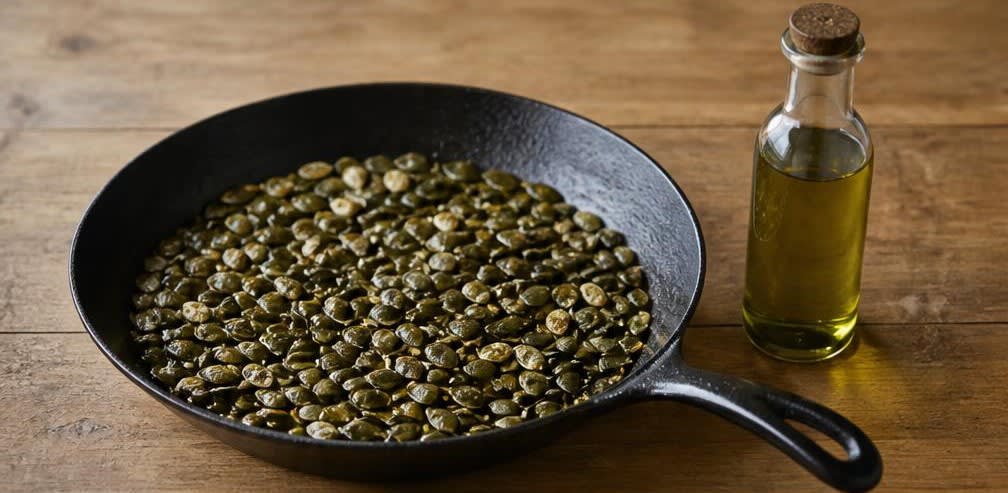 Knusprig geröstete steirische Kürbiskerne mit Olivenöl – Zubereitung Schritt für Schritt – Mit Olivenöl beträufeln