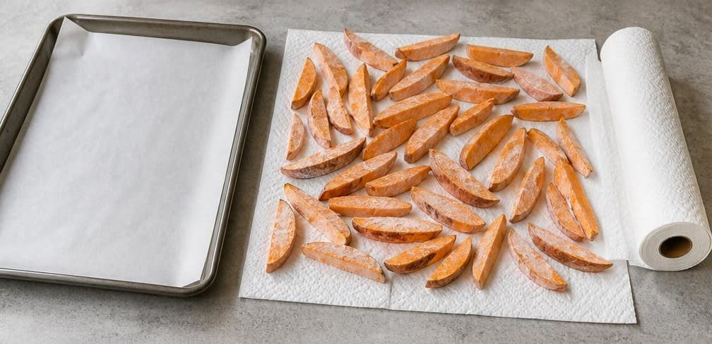 Knusprige Süßkartoffel-Spalten aus dem Ofen – Zubereitung Schritt für Schritt – Süßkartoffeln trocknen