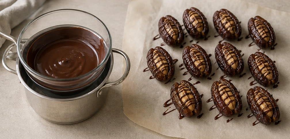 Gefüllte Medjool-Datteln mit Erdnussbutter und Meersalz – Zubereitung Schritt für Schritt – Schokolade schmelzen und träufeln
