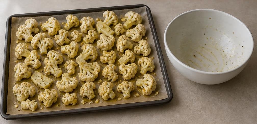 Röstaromatisch gebackener Blumenkohl mit Knoblauch – Zubereitung Schritt für Schritt – Auf dem Blech verteilen