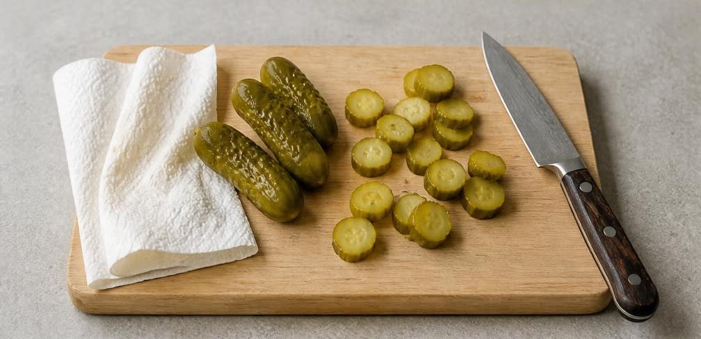 Würzige Gouda-Würfel mit Gewürzgurke – Zubereitung Schritt für Schritt – Gewürzgurken vorbereiten