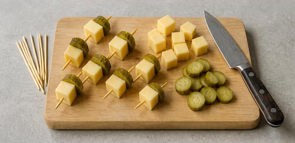 Würzige Gouda-Würfel mit Gewürzgurke – Zubereitung Schritt für Schritt – Spieße zusammenstecken
