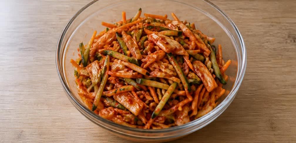 Koreanischer Kimchi-Salat mit geröstetem Sesam – Zubereitung Schritt für Schritt – Salat vermischen
