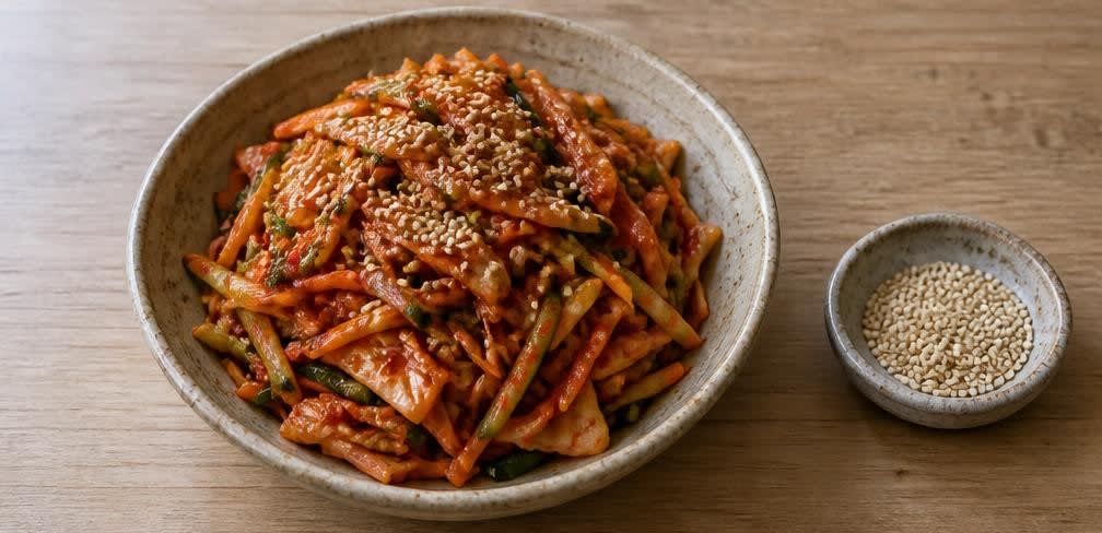 Koreanischer Kimchi-Salat mit geröstetem Sesam – Zubereitung Schritt für Schritt – Anrichten