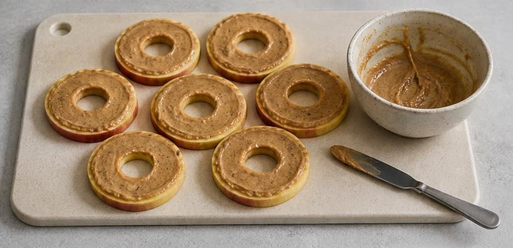 Knusprige Apfelringe mit Zimt-Erdnussbutter – Zubereitung Schritt für Schritt – Apfelringe bestreichen