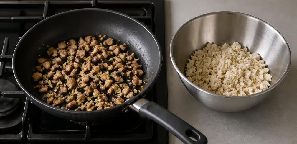 Gedämpfte Baozi mit gewürztem Tofu und Shiitake – Zubereitung Schritt für Schritt – Pilze und Gewürze anbraten