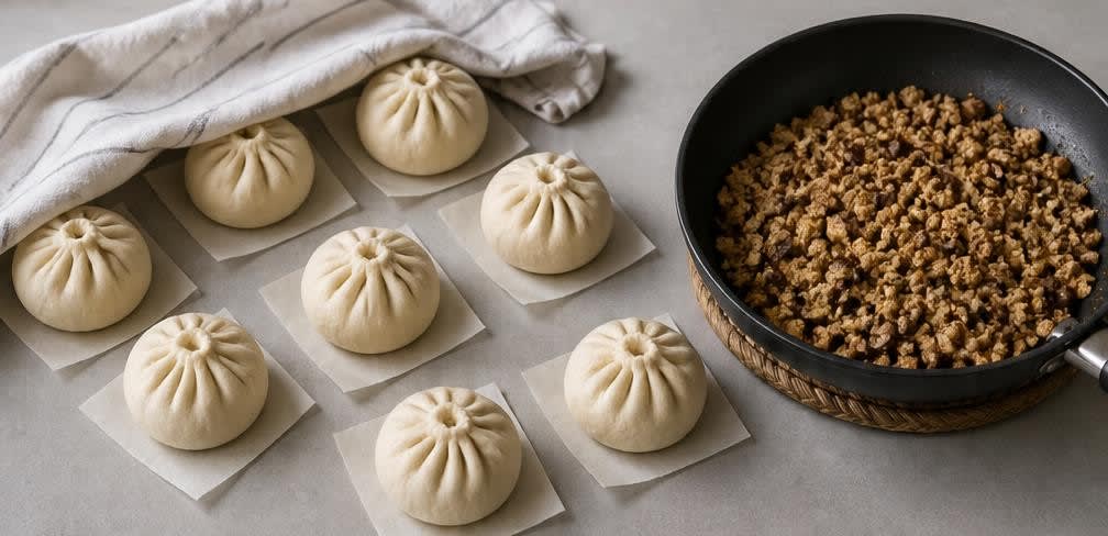 Gedämpfte Baozi mit gewürztem Tofu und Shiitake – Zubereitung Schritt für Schritt – Baozi füllen und formen