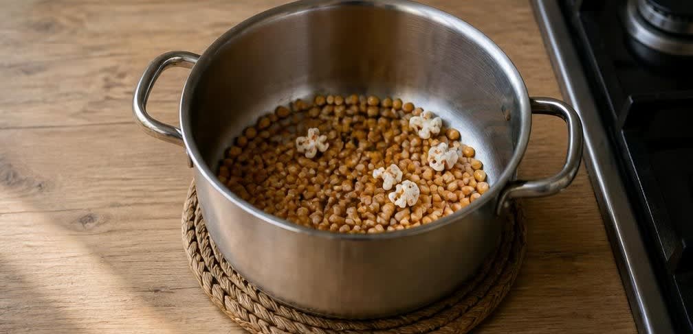 Knuspriges Topf-Popcorn in Rapsöl – Zubereitung Schritt für Schritt – Restlichen Mais zugeben