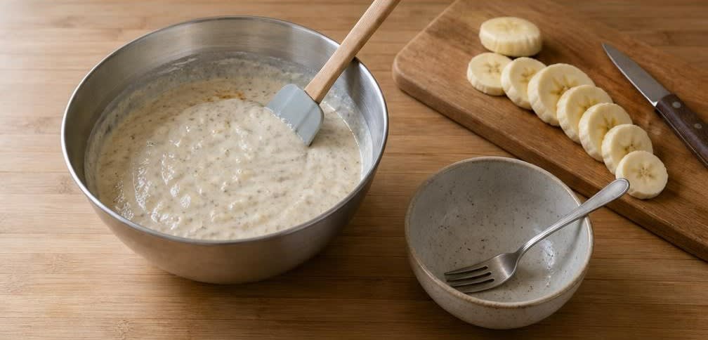 Cremiger Magerquark mit Banane und Leinsamen – Zubereitung Schritt für Schritt – Bananenmus und Garnitur vorbereiten