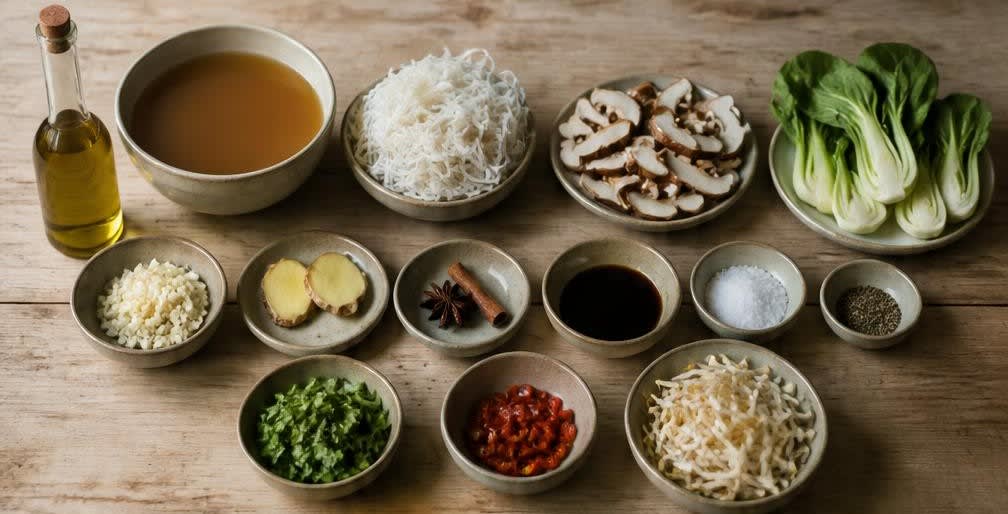 Vietnamesische Frühstücks-Reisnudelsuppe mit Pak Choi und Shiitake – Zutaten