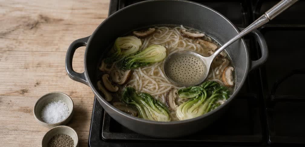 Vietnamesische Frühstücks-Reisnudelsuppe mit Pak Choi und Shiitake – Zubereitung Schritt für Schritt – Suppe abschmecken