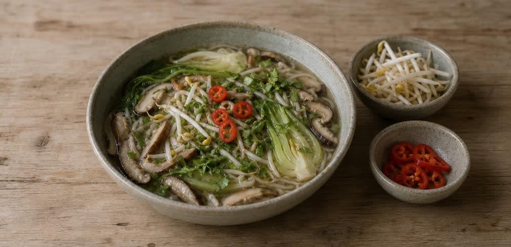 Vietnamesische Frühstücks-Reisnudelsuppe mit Pak Choi und Shiitake – Zubereitung Schritt für Schritt – Anrichten