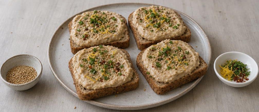 Orientalischer Bohnen-Aufstrich mit Röstknoblauch auf Vollkornbrot – Zubereitung Schritt für Schritt – Anrichten