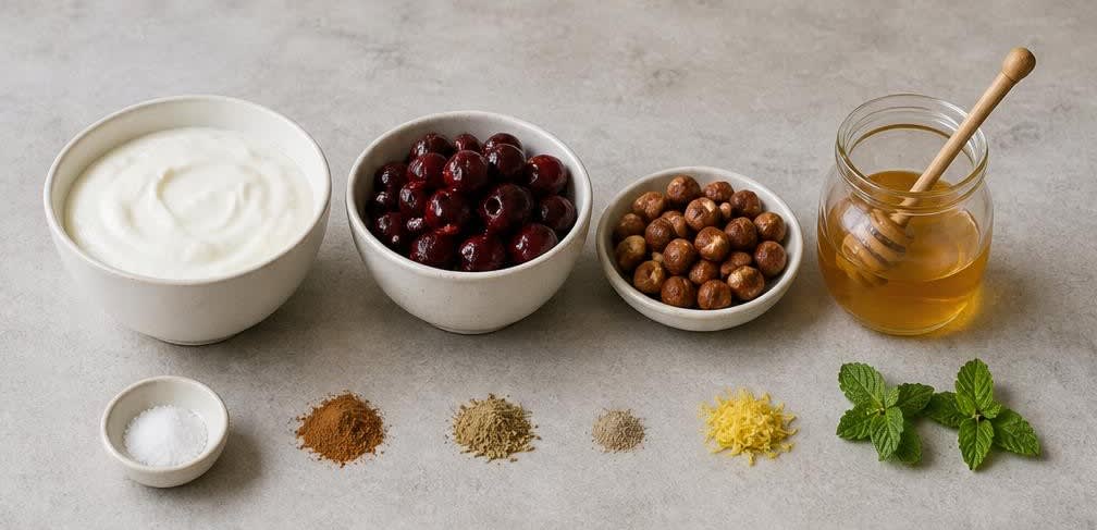 Orientalischer Naturjoghurt mit gewürzten Kirschen und Haselnüssen – Zutaten