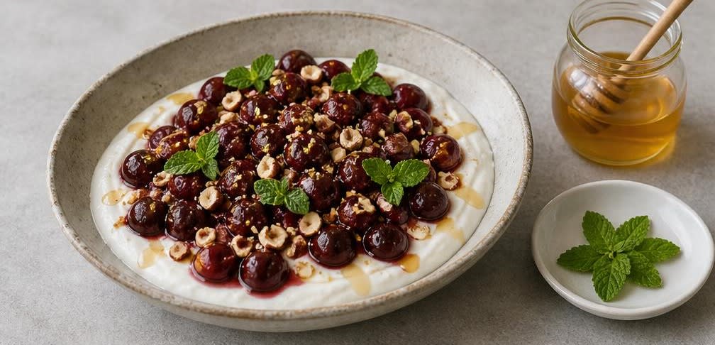 Orientalischer Naturjoghurt mit gewürzten Kirschen und Haselnüssen – Zubereitung Schritt für Schritt – Anrichten