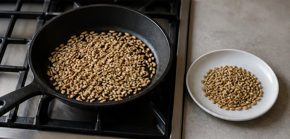 Warmes Hirse-Müsli mit Erdbeeren und gerösteten Sonnenblumenkernen – Zubereitung Schritt für Schritt – Sonnenblumenkerne rösten