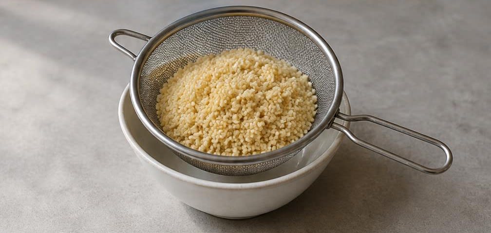 Warmes Hirse-Müsli mit Erdbeeren und gerösteten Sonnenblumenkernen – Zubereitung Schritt für Schritt – Hirse abspülen