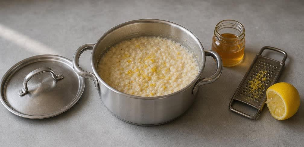 Warmes Hirse-Müsli mit Erdbeeren und gerösteten Sonnenblumenkernen – Zubereitung Schritt für Schritt – Müsli quellen lassen
