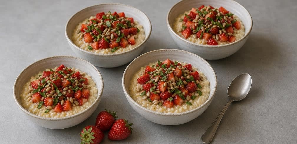 Warmes Hirse-Müsli mit Erdbeeren und gerösteten Sonnenblumenkernen – Zubereitung Schritt für Schritt – Anrichten