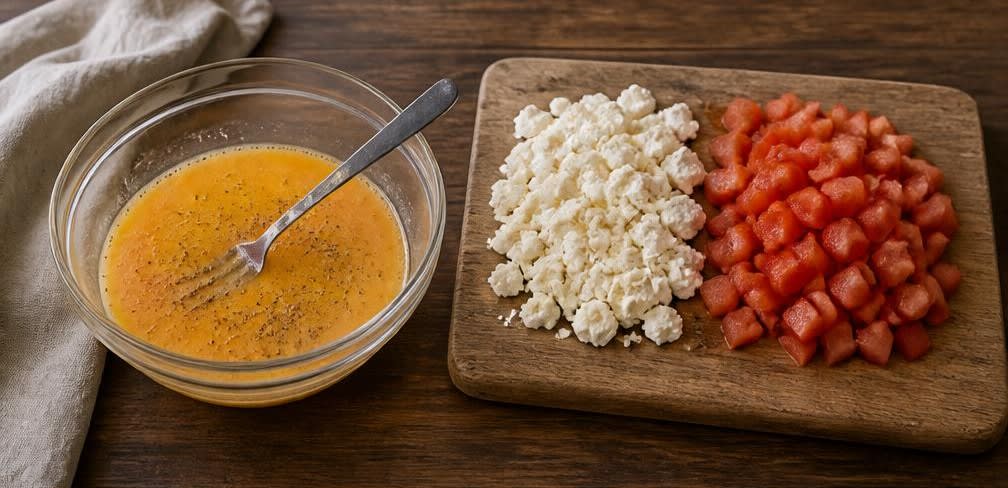 Griechisches Feta-Rührei mit Tomaten und Oliven – Zubereitung Schritt für Schritt – Eier verquirlen & Zutaten vorbereiten