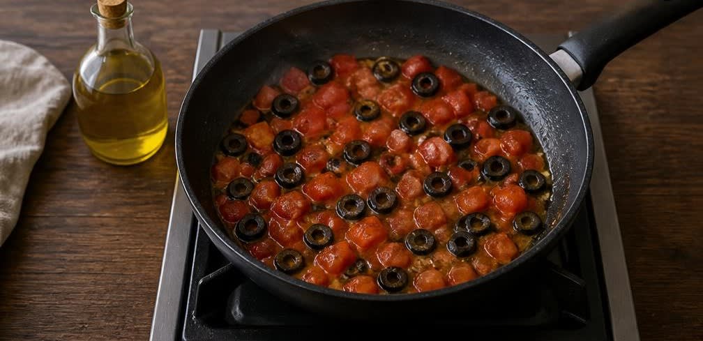 Griechisches Feta-Rührei mit Tomaten und Oliven – Zubereitung Schritt für Schritt – Tomaten & Oliven andünsten