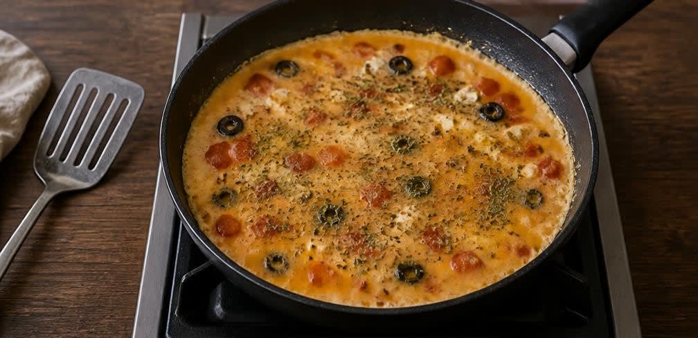 Griechisches Feta-Rührei mit Tomaten und Oliven – Zubereitung Schritt für Schritt – Eier gießen & stocken lassen