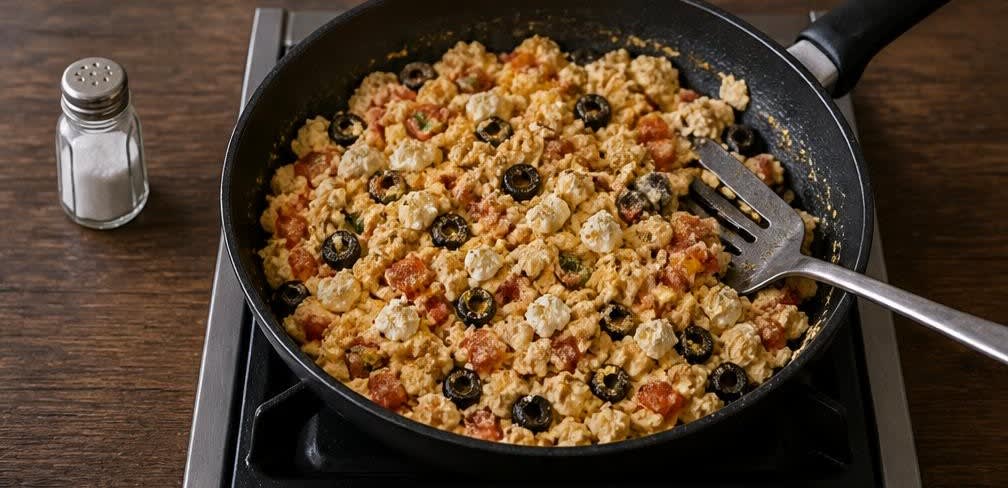 Griechisches Feta-Rührei mit Tomaten und Oliven – Zubereitung Schritt für Schritt – Feta unterheben & fertig garen