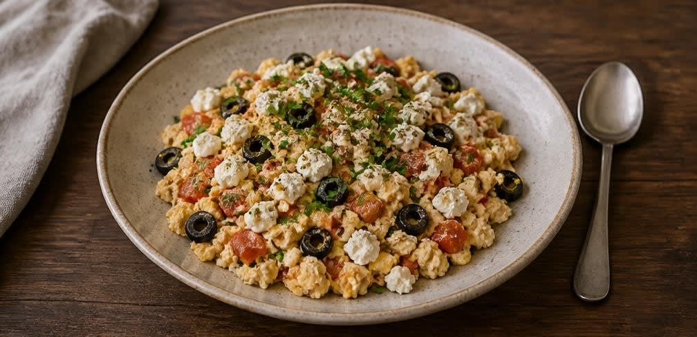 Griechisches Feta-Rührei mit Tomaten und Oliven – Zubereitung Schritt für Schritt – Anrichten