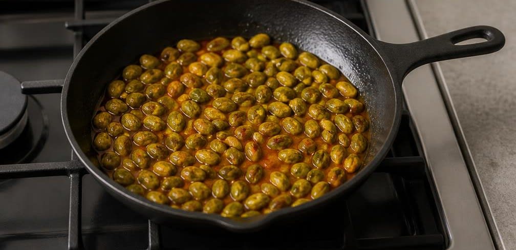 Iranisch geröstete Safran-Pistazien mit Rapsöl – Zubereitung Schritt für Schritt – Mit Safran ablöschen