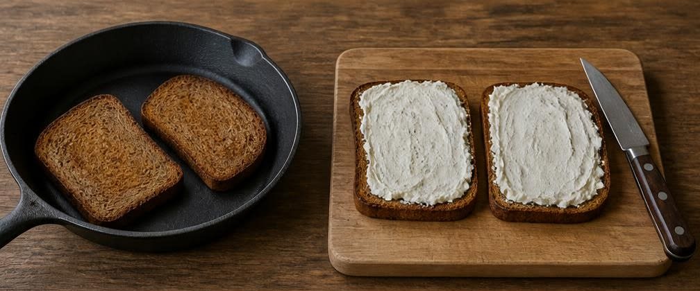 Britisches Putenbrust-Frühstücksbrot mit Gewürzgurke – Zubereitung Schritt für Schritt – Brot rösten und bestreichen